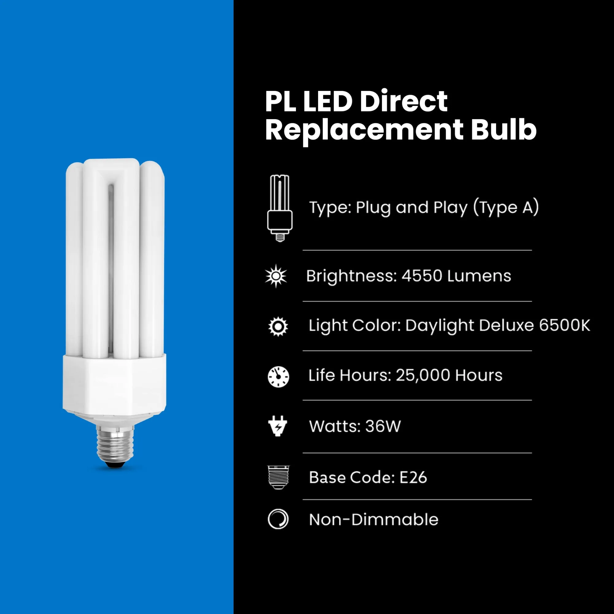 36W (65W Replacement) Daylight Deluxe (6500K) PL E26/E39 Base Quad Tube LED Bulb