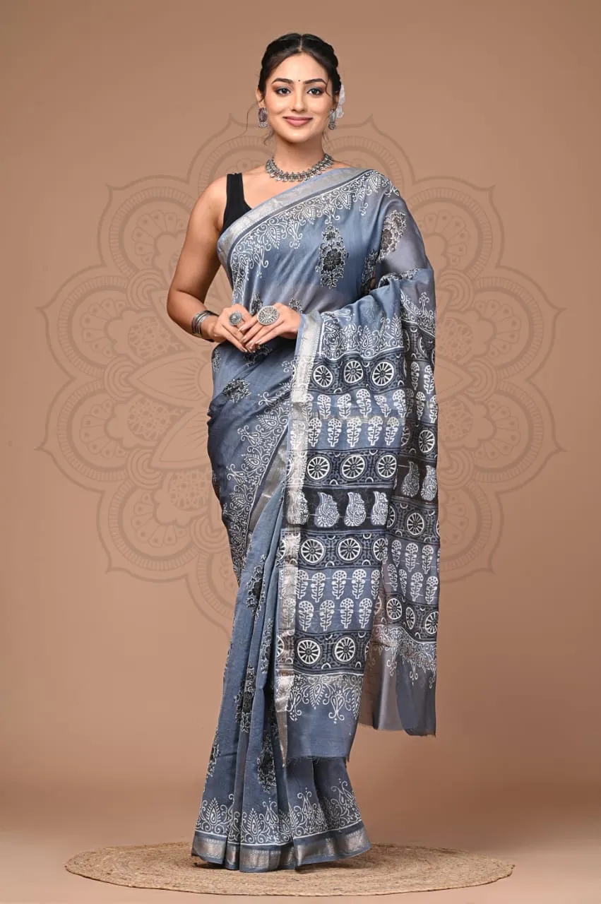 Blue Maheshwari Bagru Print Saree