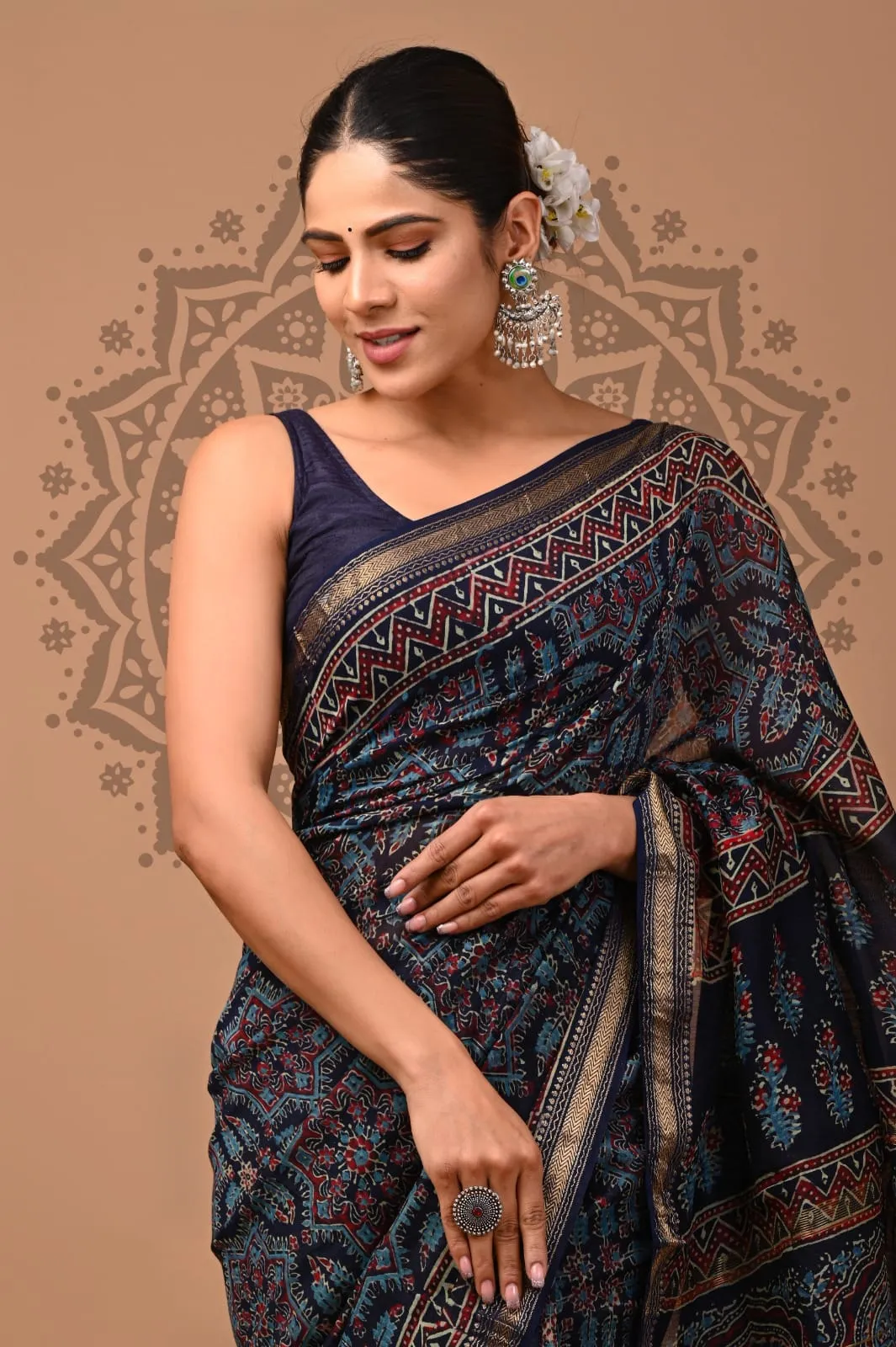 Blue Maheshwari Bagru Print Saree