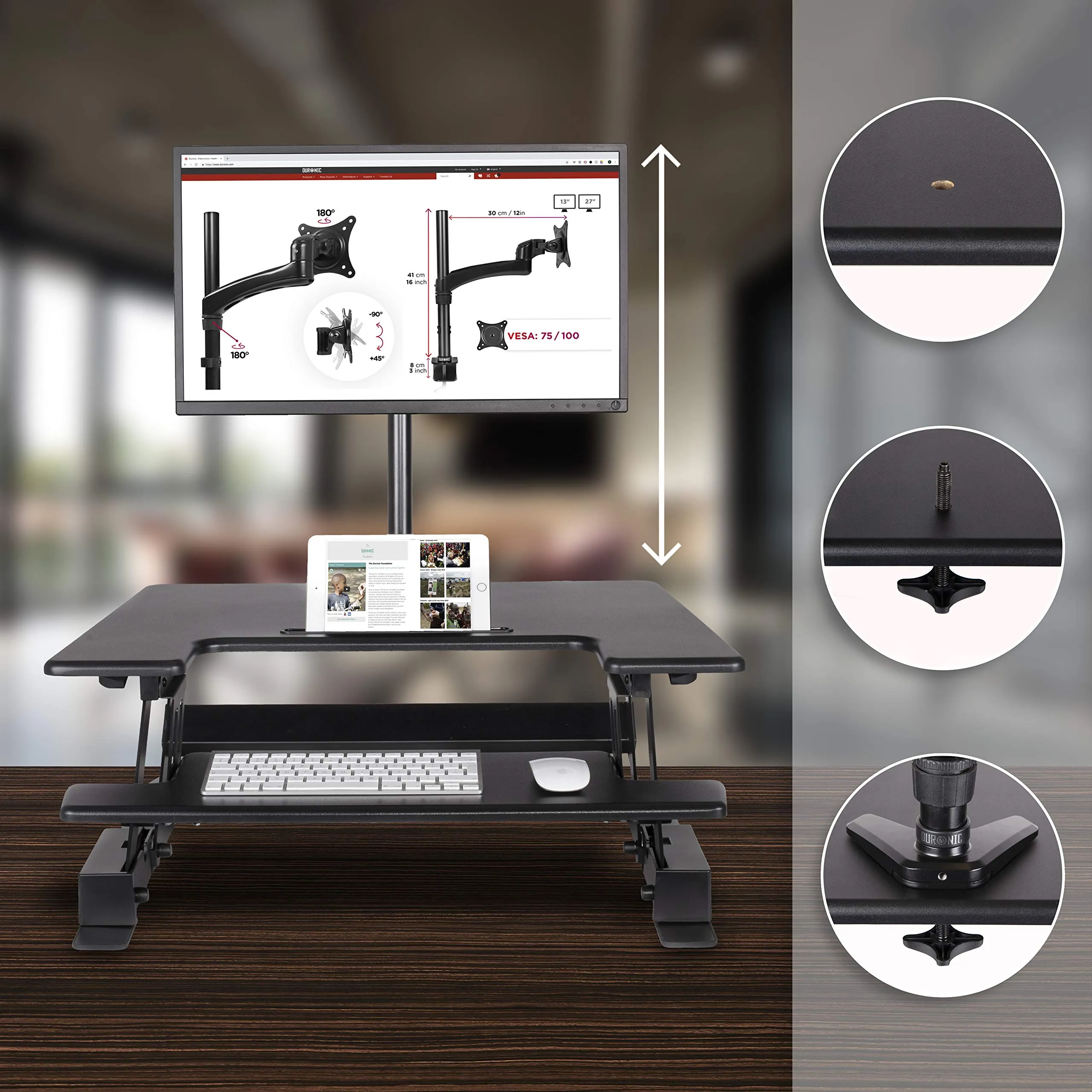 Duronic Sit-Stand Desk DM05D19 | Height Adjustable Office Workstation | 72x56cm Platform | Raises from 16-42cm | Riser for PC Computer Screen, Keyboard, Laptop | Ergonomic Desktop Table Converter