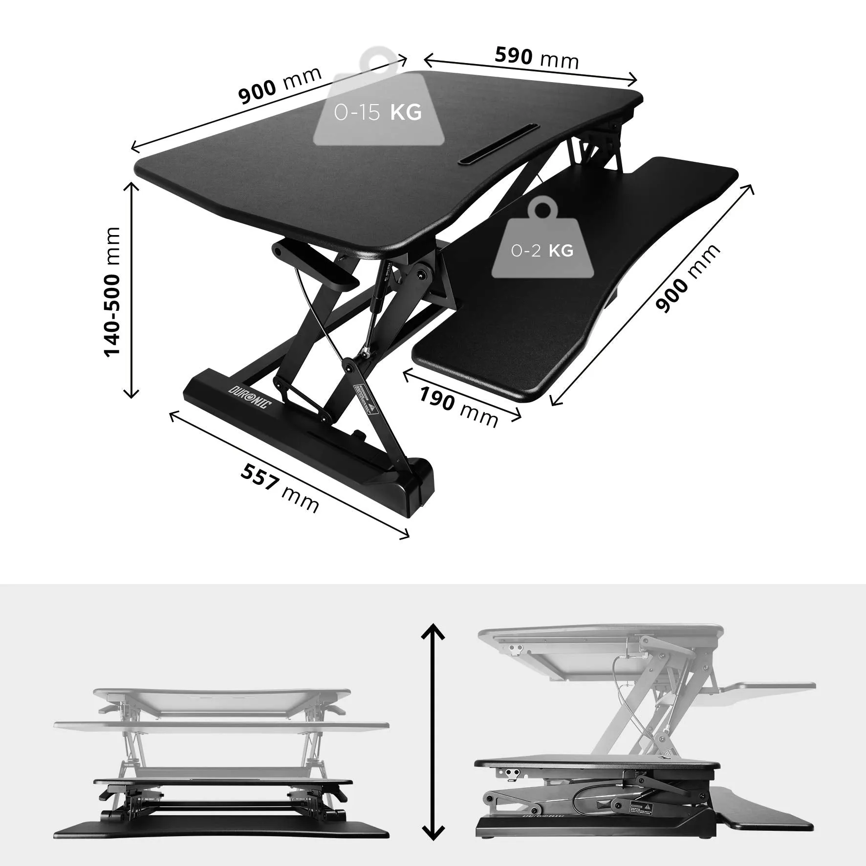 Duronic Sit-Stand Desk DM05D2 | Height Adjustable Office Workstation | 90x59cm Platform | Raises from 14-50cm | Riser for PC Computer Screen, Keyboard, Laptop | Ergonomic Desktop Table Converter