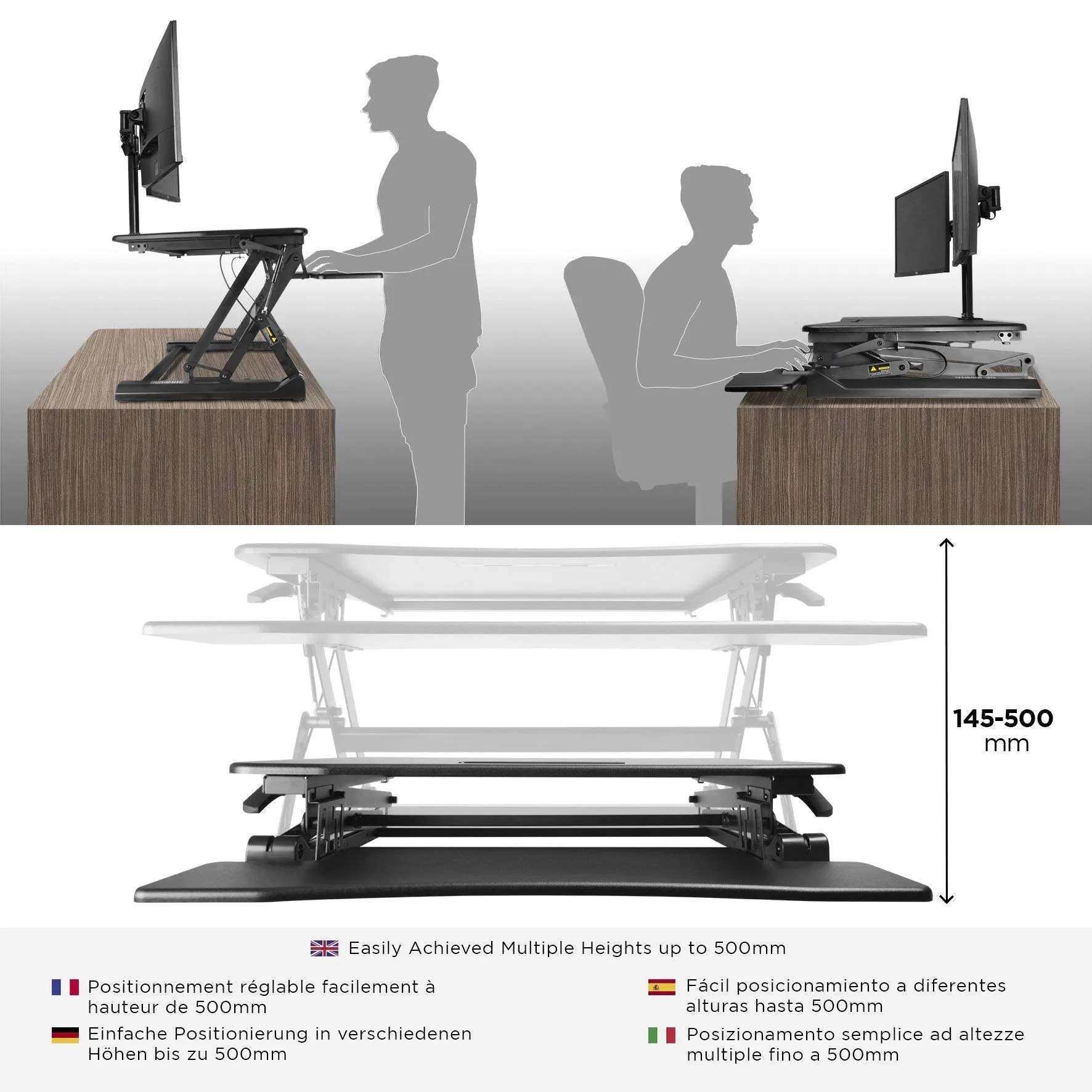 Duronic Sit-Stand Desk DM05D4 | Height Adjustable Office Workstation | 120x59cm Platform | Raises from 15-50cm | Riser for PC Computer Screen, Keyboard, Laptop | Ergonomic Desktop Table Converter