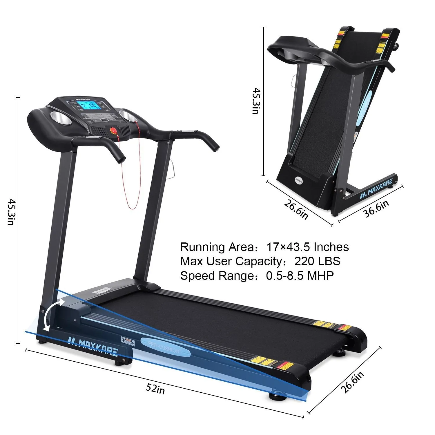 MaxKare Treadmill with 12% Auto Incline Folding Treadmill Running Machine 2.5 HP Power 8.5 MPH Speed with 15 Preset LCD Display for Home Use