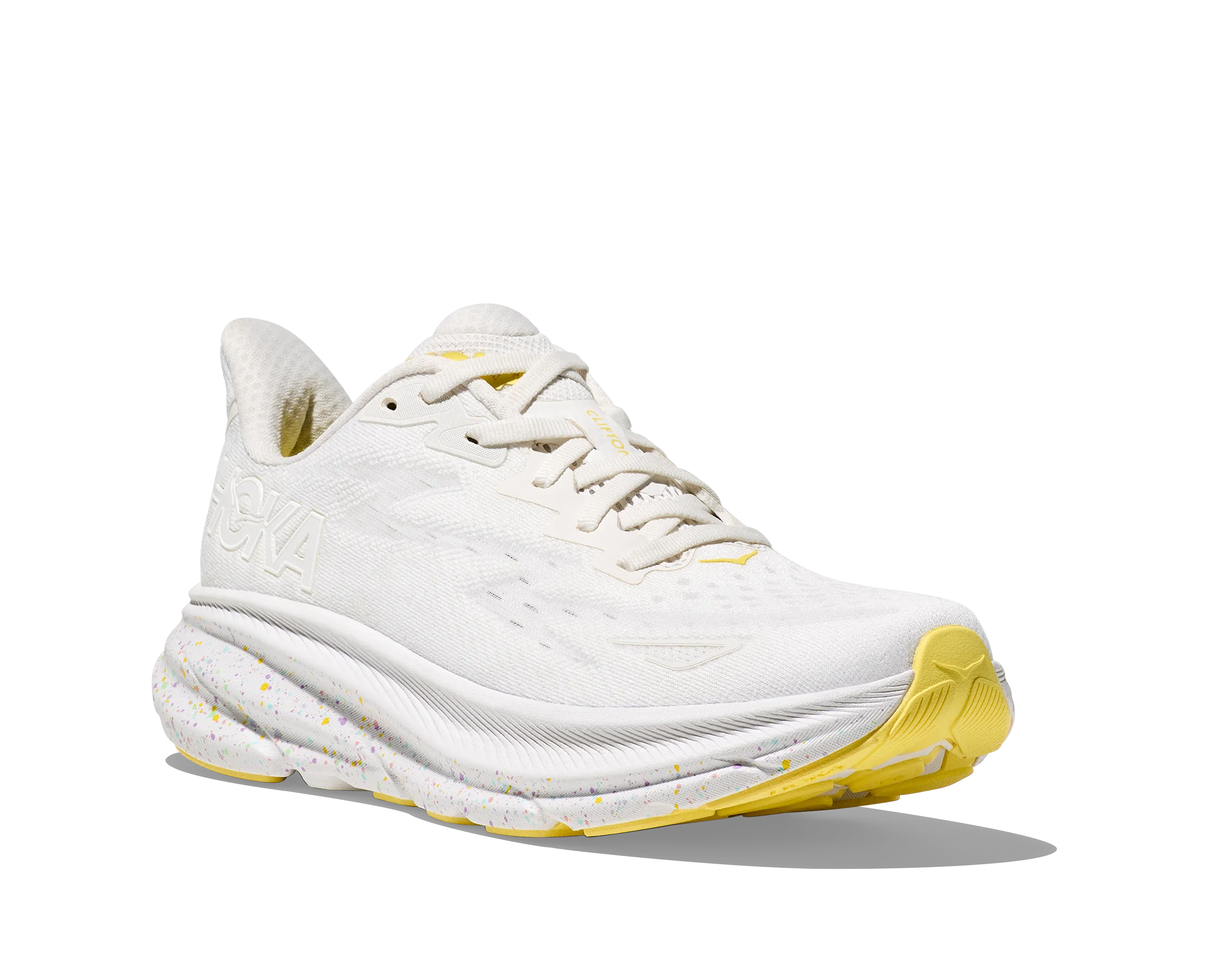 Women's HOKA Clifton 9 Running Shoe in White / Lemonade